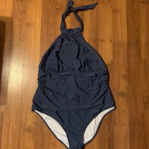 Cupshe navy blue open back tie up halter top plus size one piece bathing suit